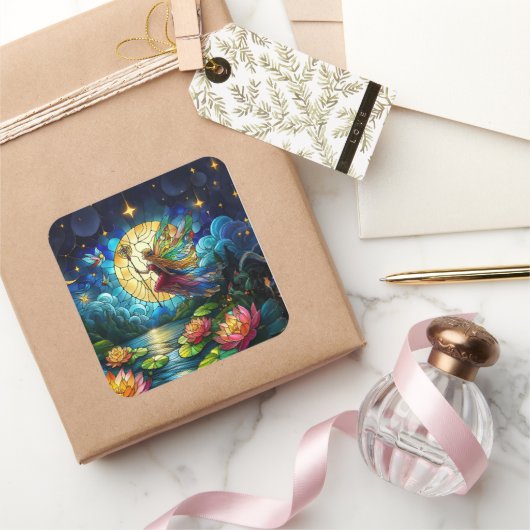 Stained Glass Moonlight Flight Fairy  Vierkante Sticker (Geschenken)
