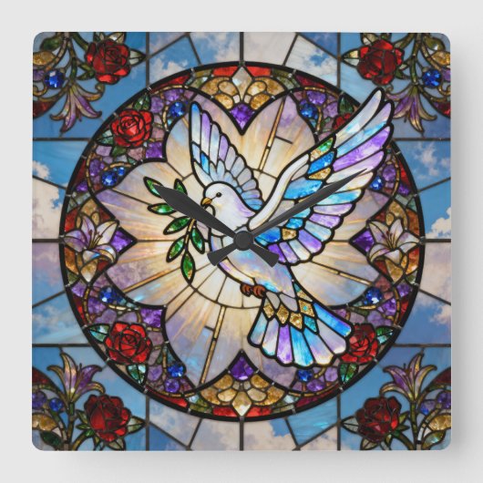 Stained Glass Peace Dove Wall Clock Vierkante Klok (Voorkant)
