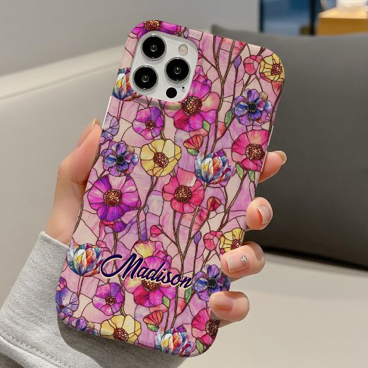Stained glass pink purple flowers  Case-Mate iPhone case