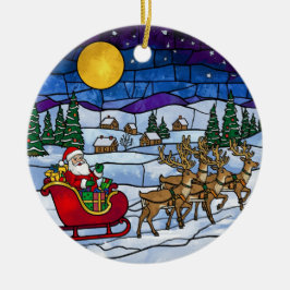 Stained Glass Santa & Reindeer Sleigh Ride Keramisch Ornament