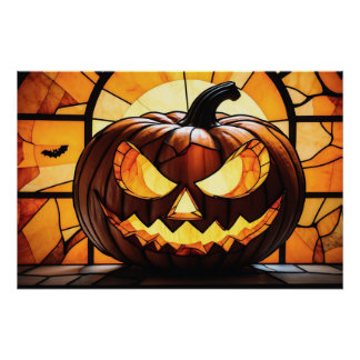 Stained Glass Scary Halloween Jack-O-Lantern  Perfect Poster