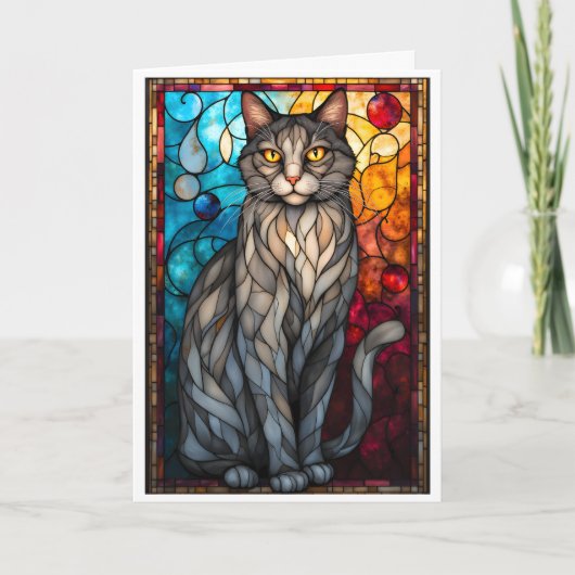 Stained Glass Style Gray Cat Kaart (Voorkant)