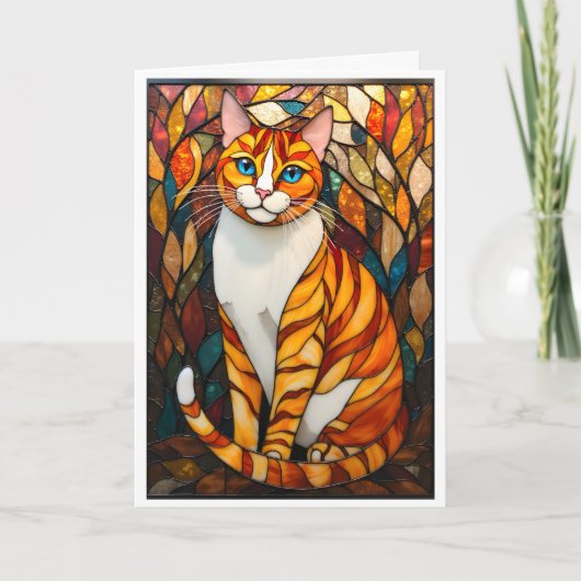 Stained Glass Style Orange Cat Blue Eyes Kaart (Voorkant)