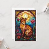 Stained Glass Style Orange Kitty with Pink Flowers Kaart (Voorkant / Achterkant in situ)
