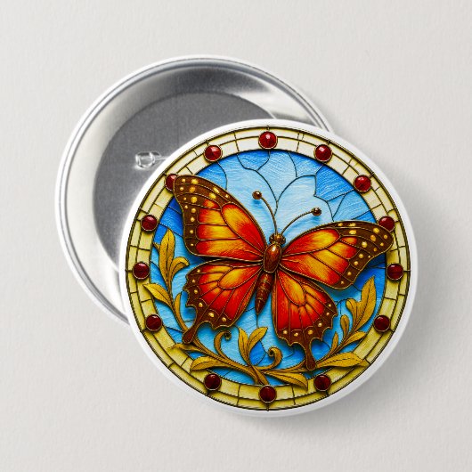 Stained glass window butterfly ronde button 7,6 cm (Voorkant /achterkant)