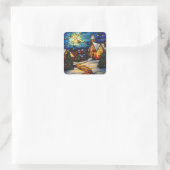 Stained Glass Winter Village Vierkante Sticker (Tas)