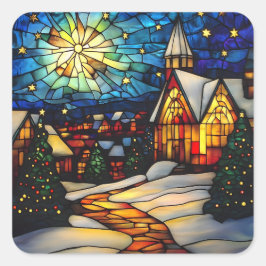 Stained Glass Winter Village Vierkante Sticker
