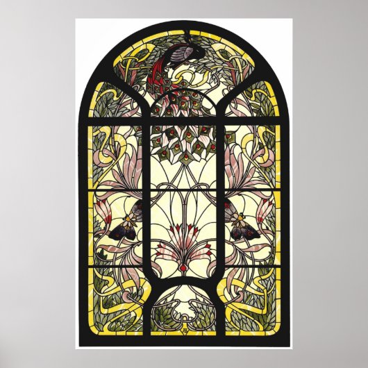 Stained Glass with Peacock and Butterflies Poster (Devant)
