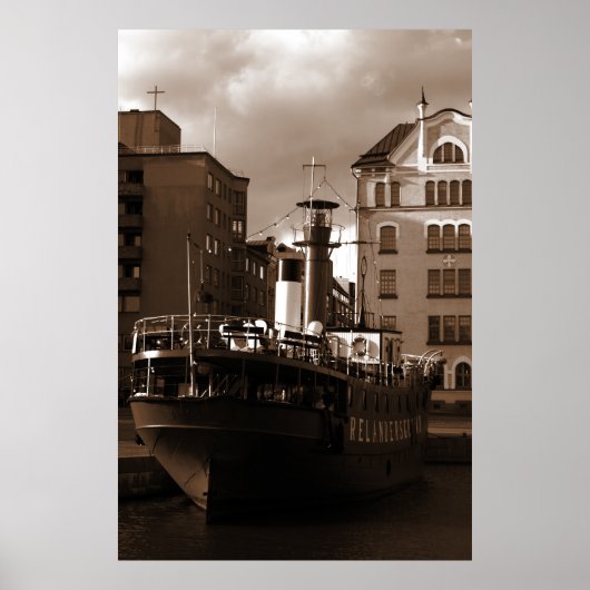 Stalen schip voor de huizen poster (Voorkant)