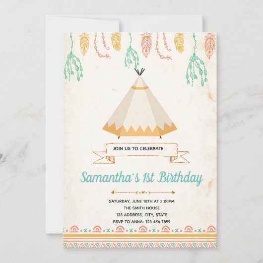 Stam boho tipi verjaardagsfeest uitnodiging (Voorkant)