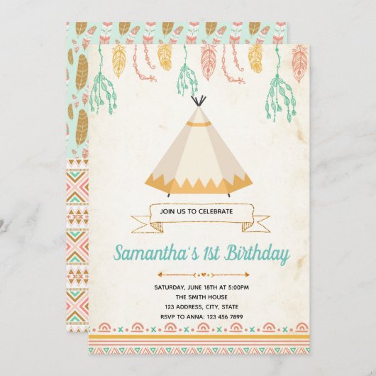 Stam boho tipi verjaardagsfeest uitnodiging (Voorkant / Achterkant)