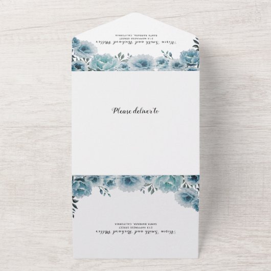 Stamblauwe waterverf bloemen bloemen bruiloft all in one uitnodiging (Buitenkant)