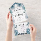 Stamblauwe waterverf bloemen bloemen bruiloft all in one uitnodiging (Afscheurbaar)