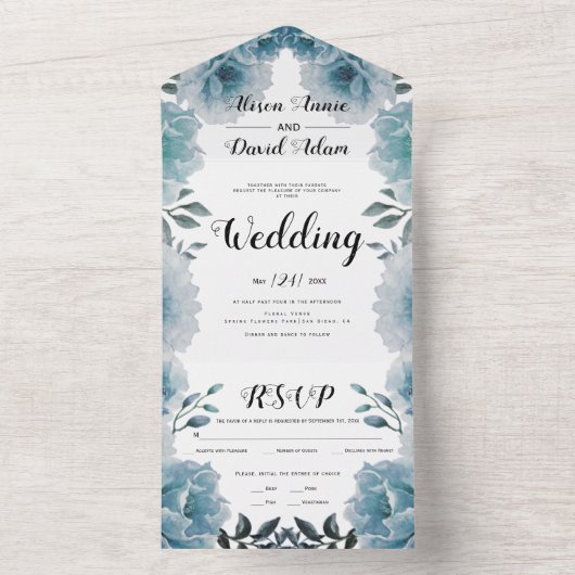 Stamblauwe waterverf bloemen bloemen bruiloft all in one uitnodiging (Binnen)