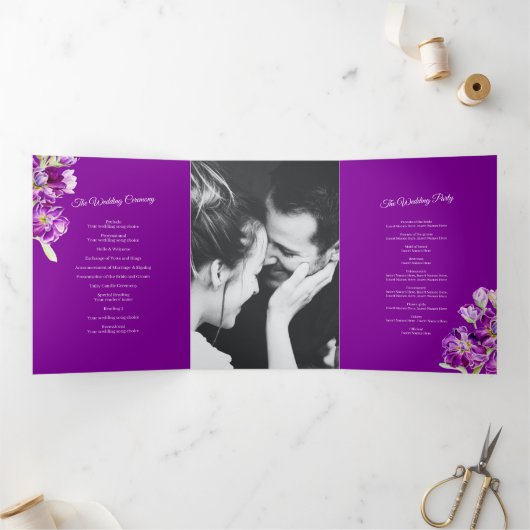 Stambloemen paarse waterverf bruiloft drieluik programma (Binnen)