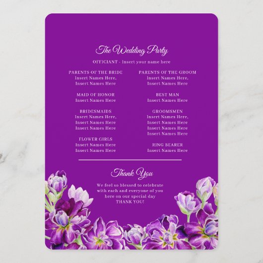 Stambloemen paarse waterverf bruiloft programma (Achterkant)