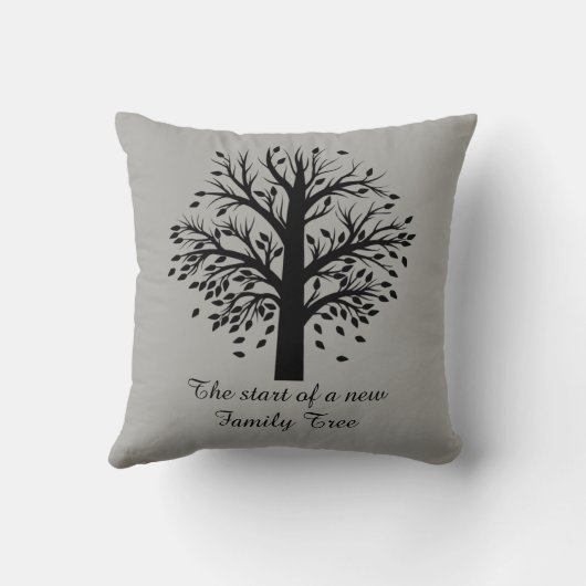 Stamboom, zwarte boom op grijs, 8 namen en data kussen (Achterkant)