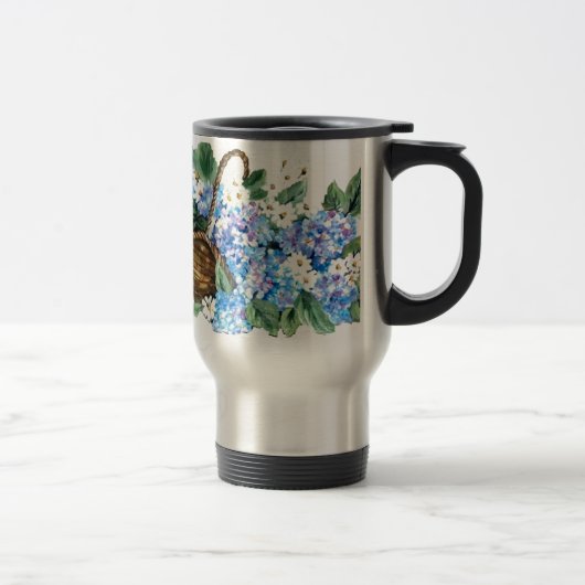 Stammand met blauwe hydrangeas en wit klein reisbeker (Rechts)