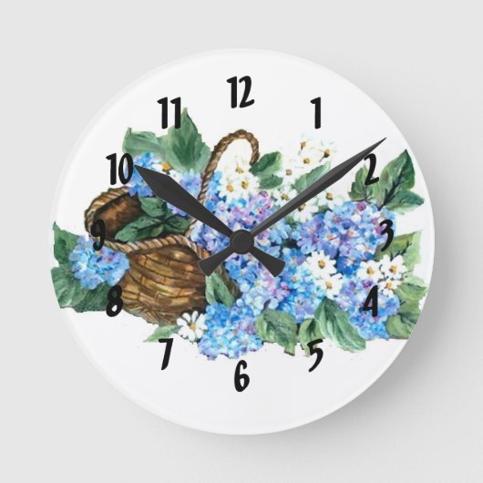 Stammand met blauwe hydrangeas en wit klein ronde klok (Voorkant)