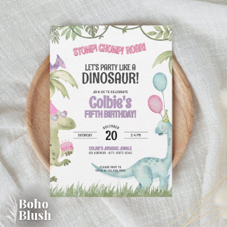 Stamp Chomp Brul Meisje Dinosaur Verjaardagsuitnod Kaart