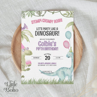 Stamp Chomp Brul Meisje Dinosaur Verjaardagsuitnod Kaart