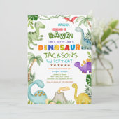 Stamp, kauw en brul! Dinosaurus verjaardagsfeestje Kaart (Staand voorkant)