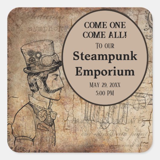 Stampunk Inventor Top Hat Personalized Event Vierkante Sticker (Voorkant)