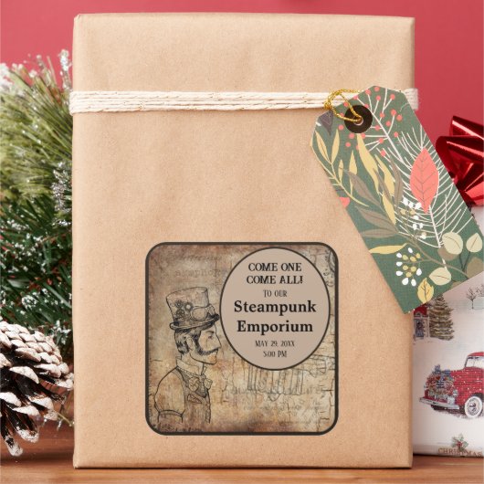 Stampunk Inventor Top Hat Personalized Event Vierkante Sticker (Feestdagen)