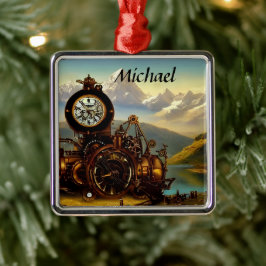 Stampunk Time Machine in Swiss Alps Personalized Metalen Ornament