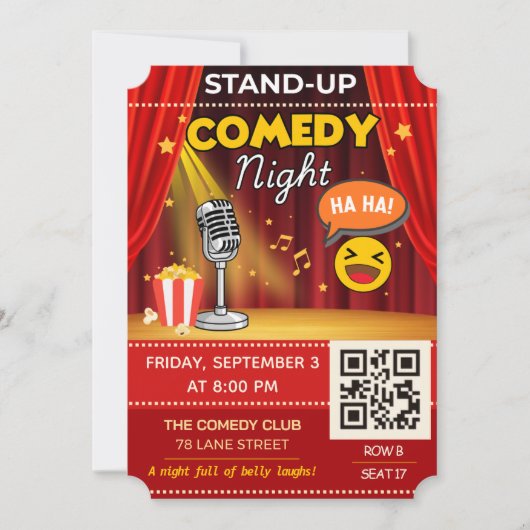 Stand-upcomedy avond ticket | QR Code uitnodiging (Voorkant)