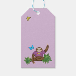 Stanley Sloth en label van paars cadeau aan vriend Cadeaulabel