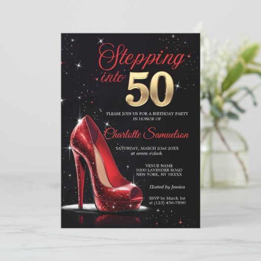 Stap in 50 VERJAARDAG Red High Heels Fifty Kaart (Staand voorkant)