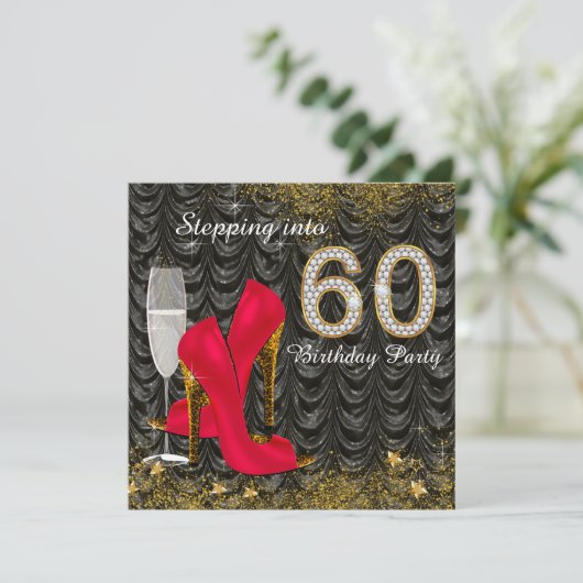 Stap in 60 verjaardagsfeest glitter satijn rood kaart (Staand voorkant)
