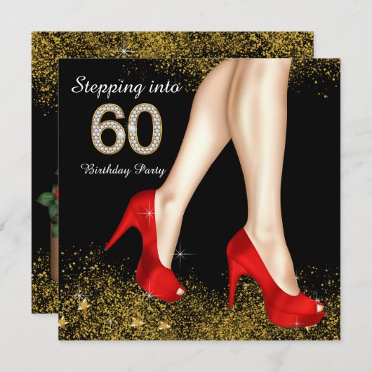 Stap in 60 verjaardagsfeest rood zwart en goud kaart (Voorkant / Achterkant)