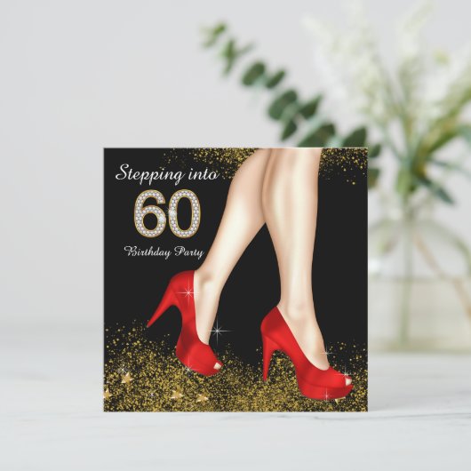 Stap in 60 verjaardagsfeest rood zwart en goud kaart (Staand voorkant)