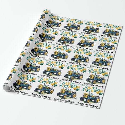 Stap in Gear Tractor 3rd Birthday Bash Cadeaupapier (Uitgerold)