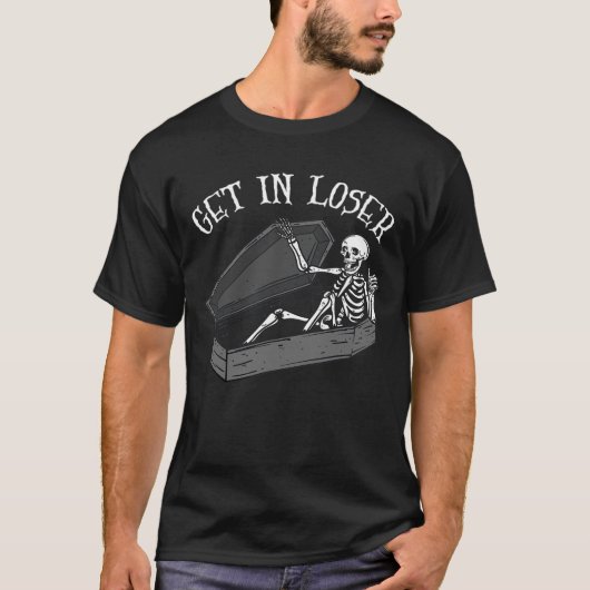 Stap in Loser Skelet in Coffin Halloween Fun Manne T-shirt (Voorkant)
