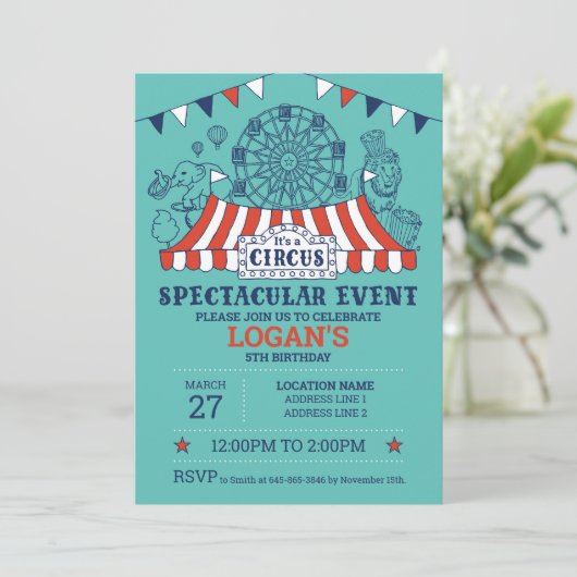 Stap recht omhoog! Blue Editable Circus Verjaardag Kaart (Staand voorkant)