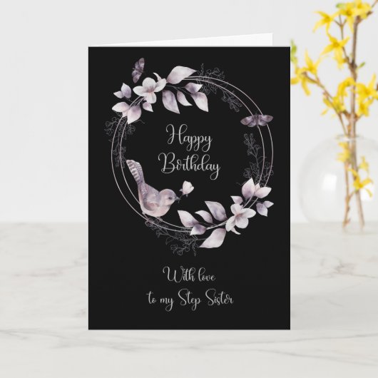 Stap zuster Bird en Butterflies Birthday Kaart (Gele Bloem)