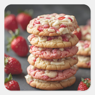 Stapel Aardbeien Witte Chocolade Chip Koekjes Vierkante Sticker