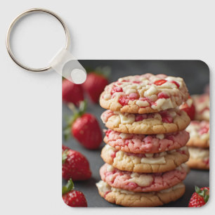 Stapel Aardbeiwitte Chocolade Chip Cookies Sleutelhanger