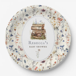 Stapel boeken baby shower waterverf, wilde bloem papieren bordje