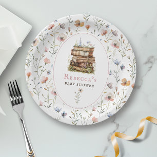 Stapel boeken baby shower waterverf, wilde bloem papieren bordje