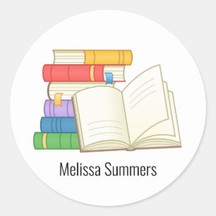 Stapel boeken en open boek ronde sticker