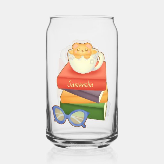 Stapel boeken en Tea Cup Beer Blikvorm Glas (Voorkant)