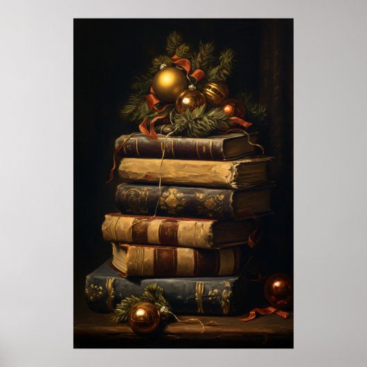 Stapel Boeken Met Kerstmisdecoratie Poster (Voorkant)