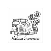 Stapel boeken, open boek, blokbord 	rubberstempel (Afrduk)