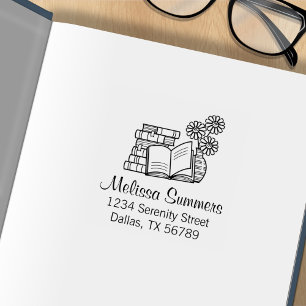 Stapel Boeken, Open Boek, het Adres van de Bloemen Rubberstempel