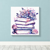 Stapel oude boeken met Rozen op de top Canvas Afdruk (Insitu (Houten vloer))