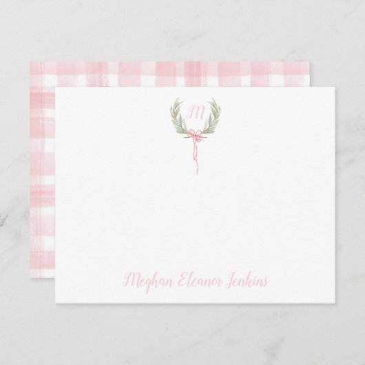 Stapelgoed van Roze Gingham Laurel Crest Bedankkaart (Voorkant / Achterkant)